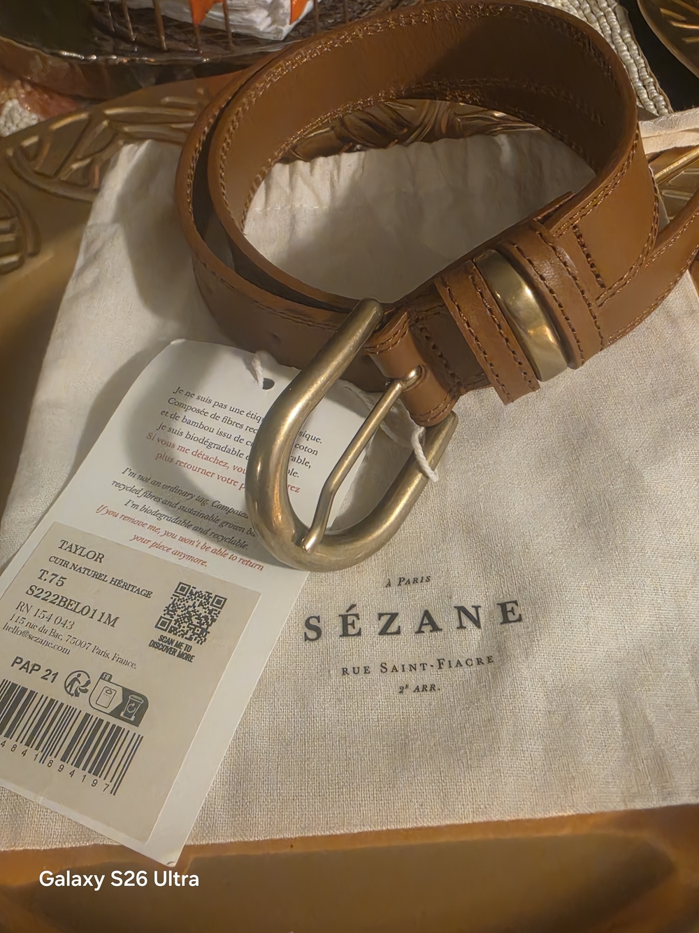 Sezane Brown Leather Belt with Brass-Tone Buckle